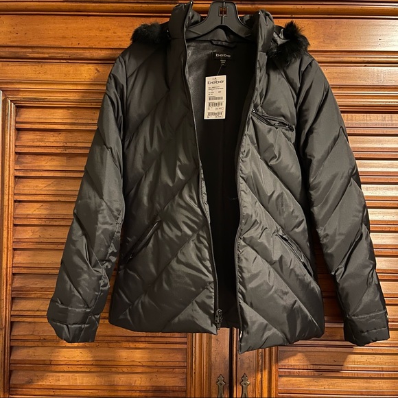 New BEBE Rabbit-Fur-Trim Hooded Puffer jacket Coat Black - Picture 6 of 9